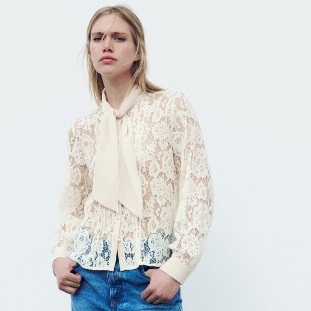 ZARA LACE TOP WITH TIE & PEARL BUTTONS-Size SMALL